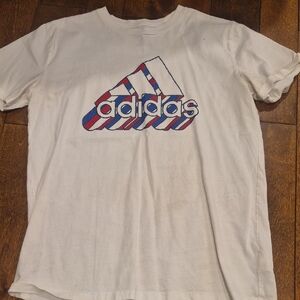 Adidas White Tee with Red and Blue Striped Logo